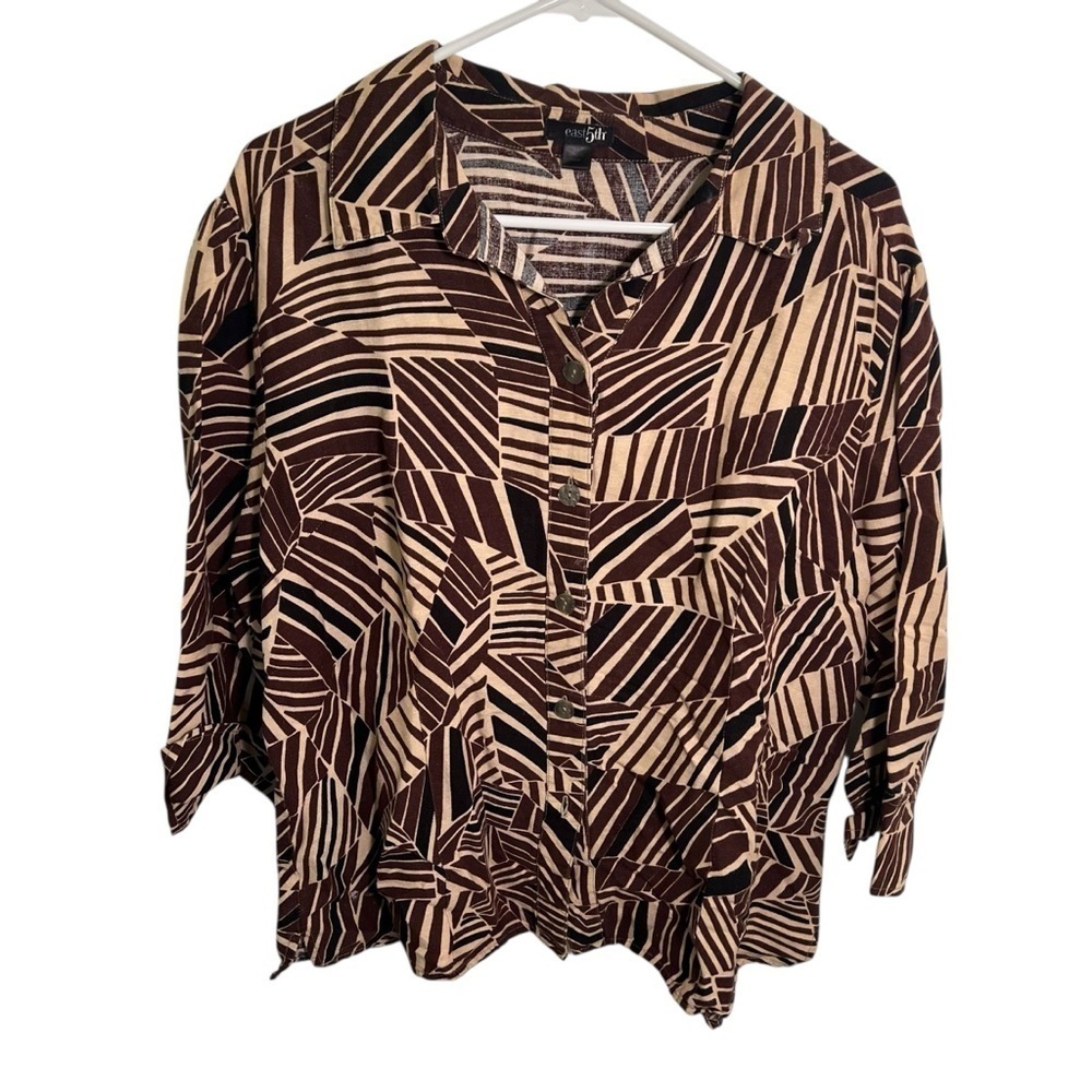 Vintage‎ East 5th Women's Size XL Button Down Shirt Beige Brown Geometric Linen